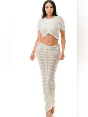 Sheer Textured White Maxi SkirtSet  - Women's Fashion